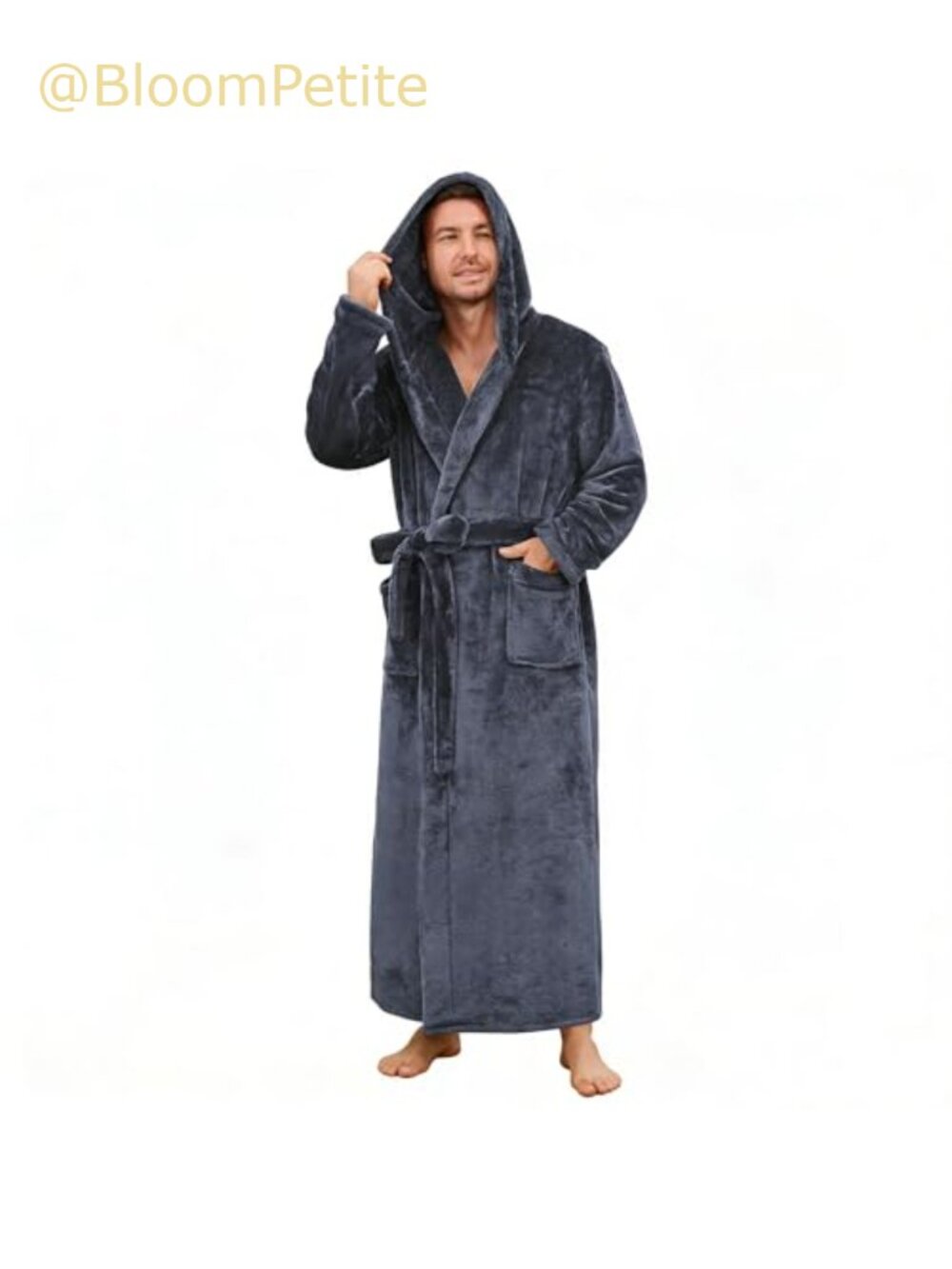 Mens Hooded Plush Fleece Robe Full Length Thick Heavyweight Bathrobe Big & Tall